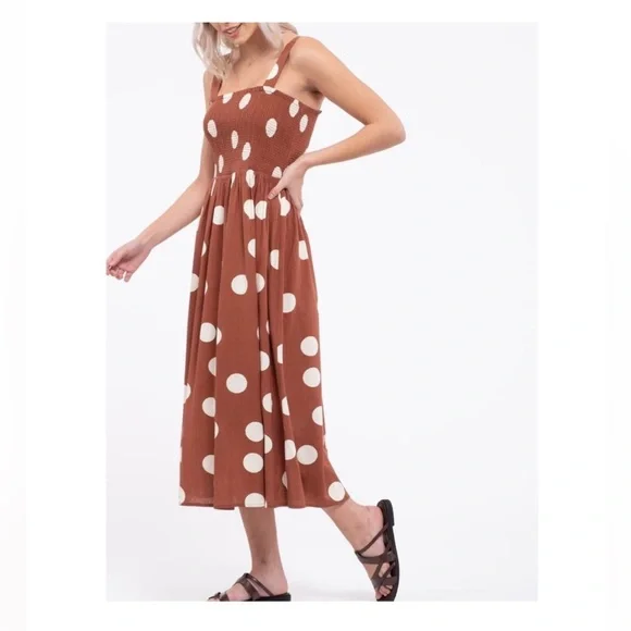 Altar'd State Brown / Burnt Orange and White Polka Dot Midi Dress - Picture 4 of 8
